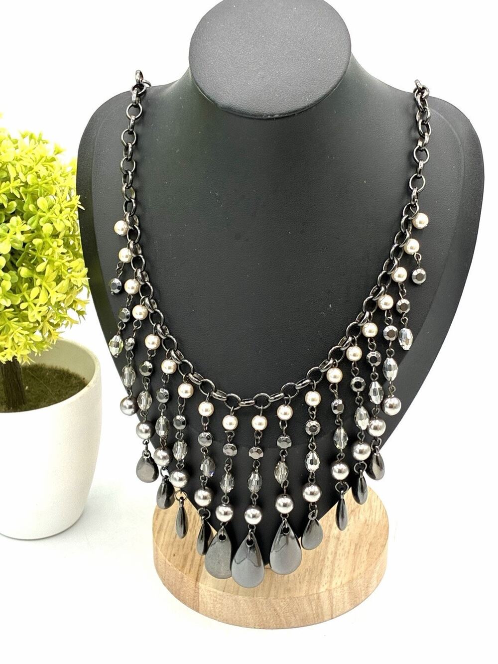 Apt 9 Statement Bib Necklace Black Silver Pearl Bead Fringe 18” Chunky
